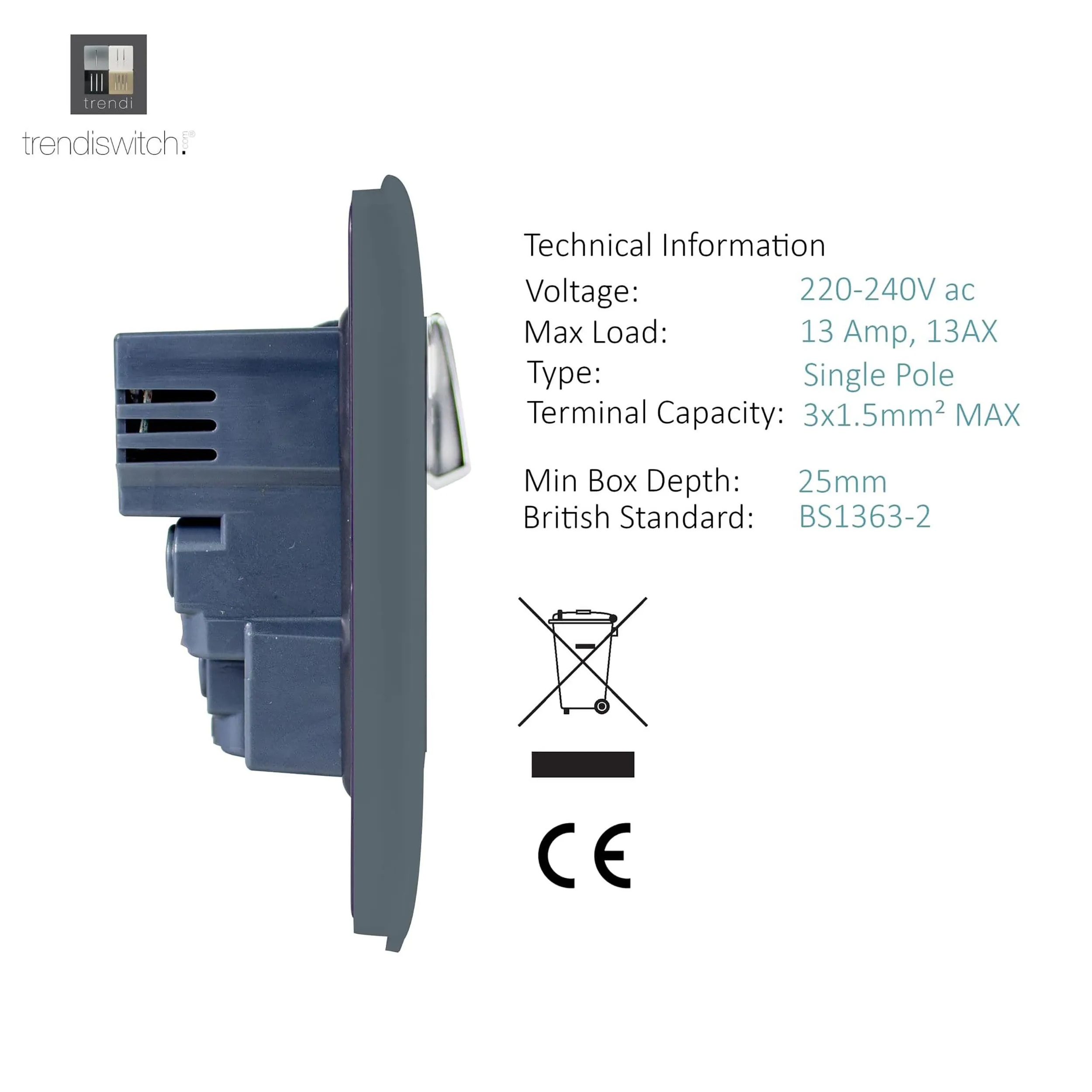 1 Gang 13Amp Switched Single Socket With 2 x USB Warm Grey ART-SKT13USBWG  Trendi Warm Grey